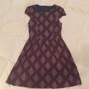 maroon, blue, and white patterned dress
